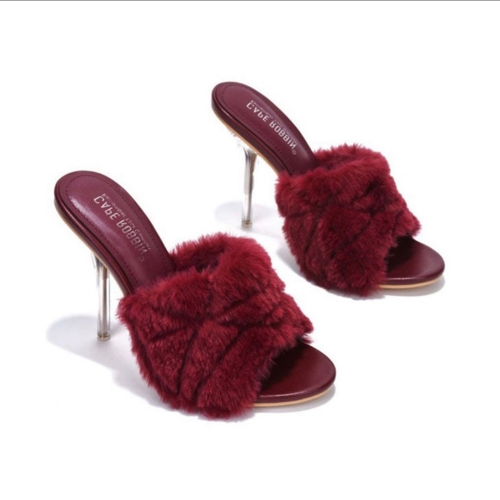 Burgundy fur mules
